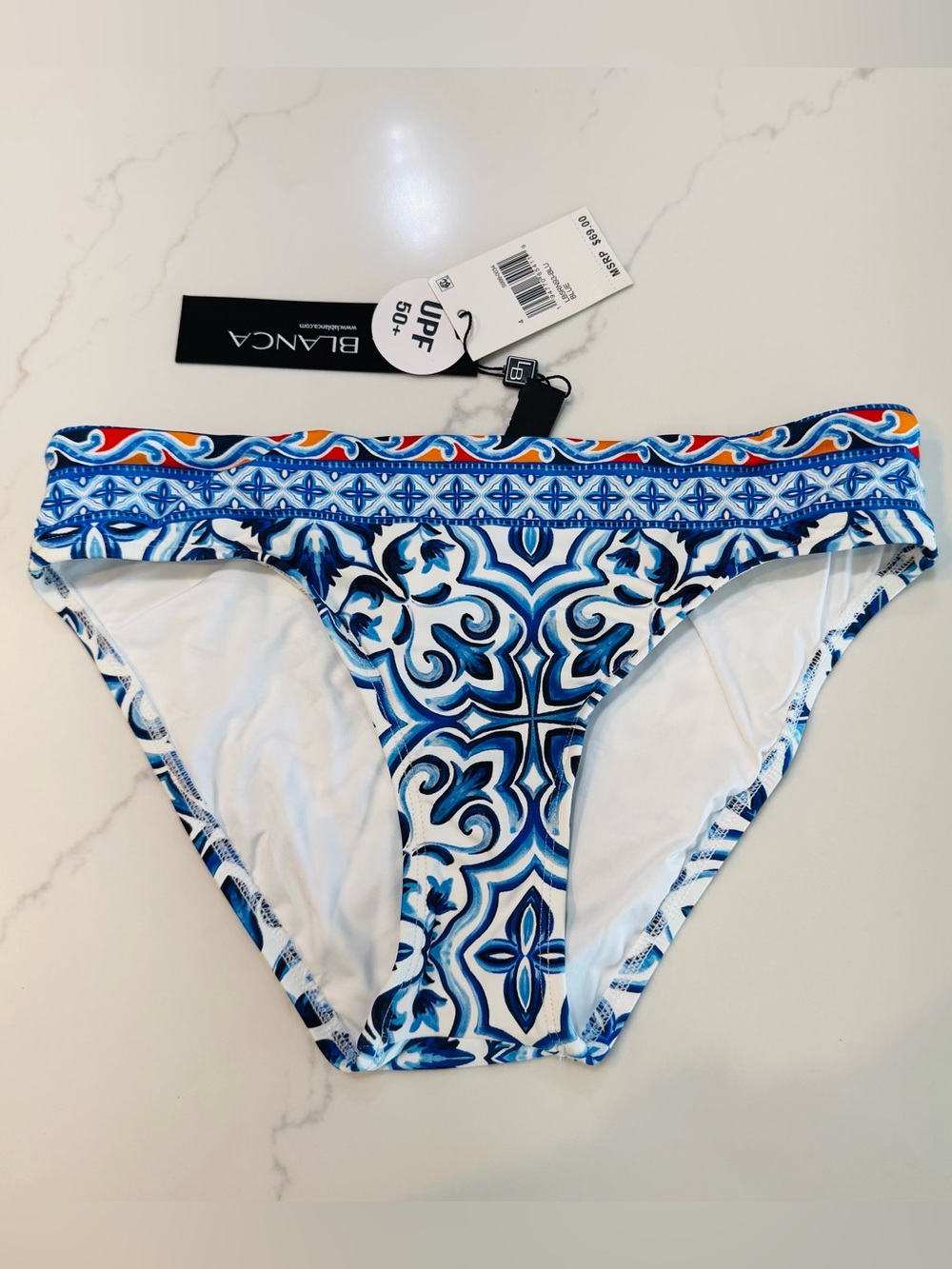 La Blanca Blue and White Tile-Print Bikini Bottom with Orange Accent